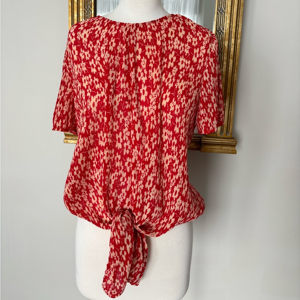 Red Floral Madewell Blouse with Tie Front and Button Back